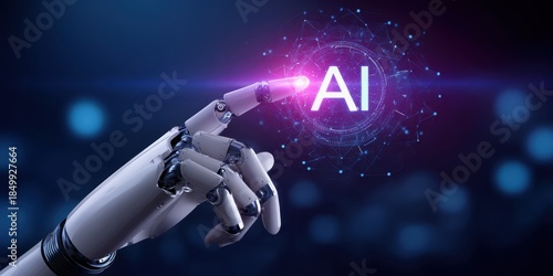 An AI powered system enhancing robotics. A robotic hand reaches out to touch a glowing representation of 