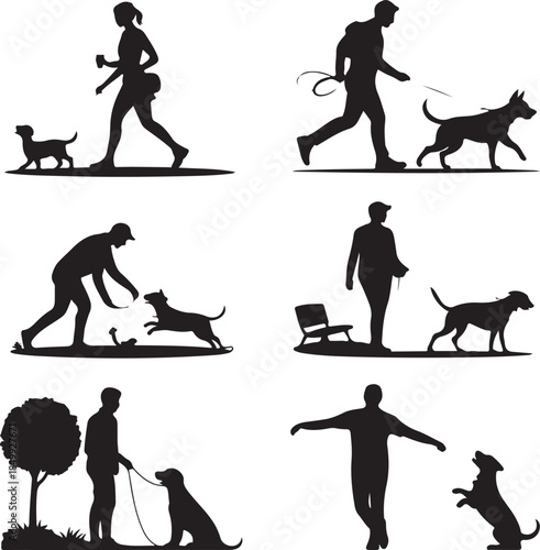 Dog Walking Silhouette Icon Set