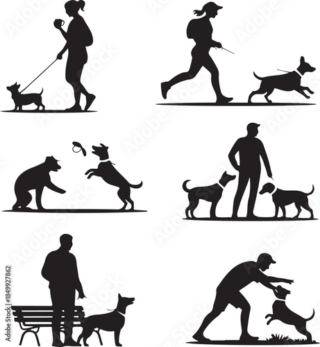 Dog Walking Silhouette Icon Set