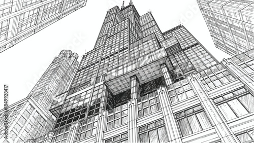 Perspective view of tall skyscrapers in a modern business district sketch