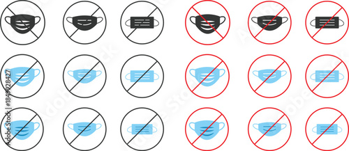 Face Mask Prohibited Icons. No face cover symbol. Identity verification graphic design. No medical mask and safety signs. Forbidden Mask Symbols
