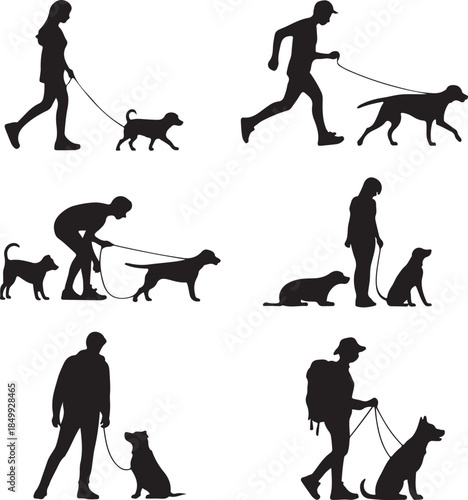 Dog Walking Silhouette Icon Set