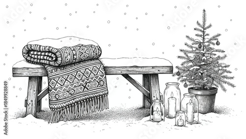 Cozy winter scene with blanket on a bench and christmas tree sketch
