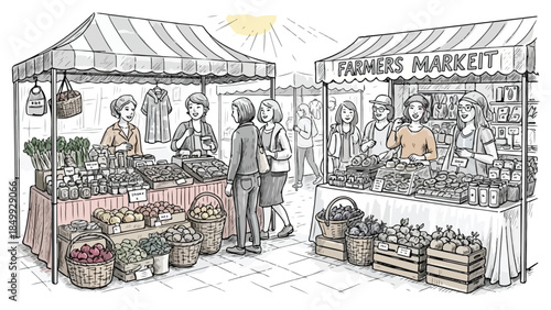 Crowded local farmers market with stalls and fresh produce sketch