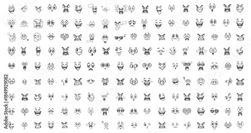 Black and White Comic Style Emoticons Bundle. Hand-Drawn Retro Mascot Characters.
