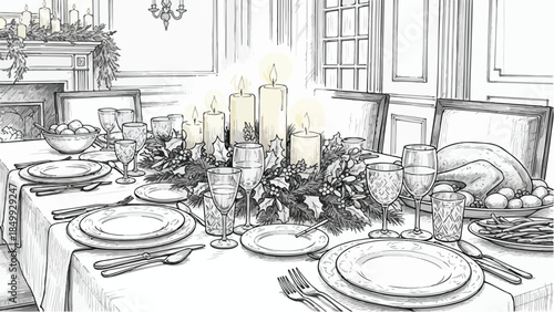 Elegant holiday dinner table setting with candles and greenery sketch