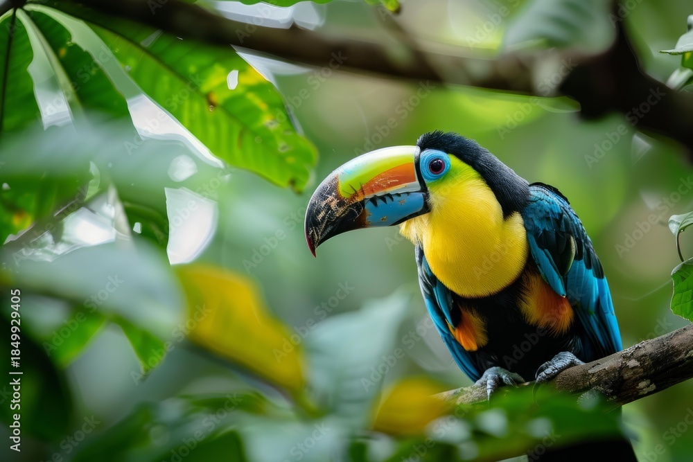 Fototapeta premium Colorful keel billed toucan perches on a branch surrounded by lush green foliage in a tropical rainforest