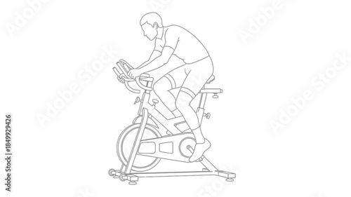 A simple line drawing depicts a person actively using an exercise bike indoors