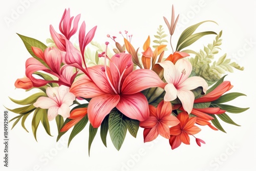 Elegant bouquet of diverse flowers blooming with vibrant colors, including lilies, hibiscus, and tropical foliage, creating a captivating display of natural beauty