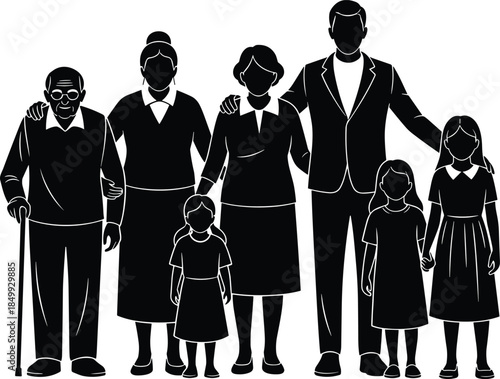 Multi-generational family group icon set, black and white silhouette illustration of unity, caregiving, and relationship concept graphic
