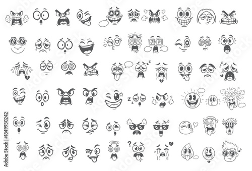 Funny Cartoon Face Reactions, Diverse Emotional Expressions, Black and White Vector Set
