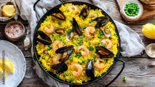 Fototapeta Naklejka Na Ścianę i Meble -  Top view of seafood paella in black pan with yellow rice, shrimp, mussels and lemon on side. Authentic Spanish dish, fresh ingredients and Mediterranean gastronomy
