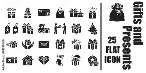 Gifts and holiday presents black flat icon set of 25 gift boxes surprise packages and festive bonuses 