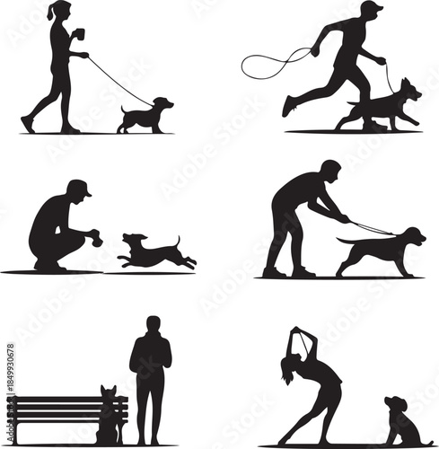 Dog Walking Silhouette Icon Set