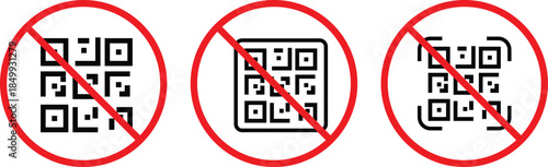 Prohibited Scanning Symbols. No QR code icon. Mobile scan restriction graphic design. Scanning prohibition icons. Data protection and warning signs
