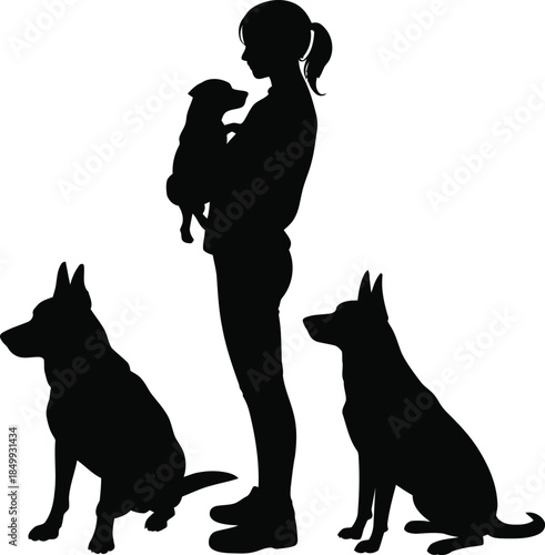 Woman Holding Puppy with Dogs Silhouette Illustration