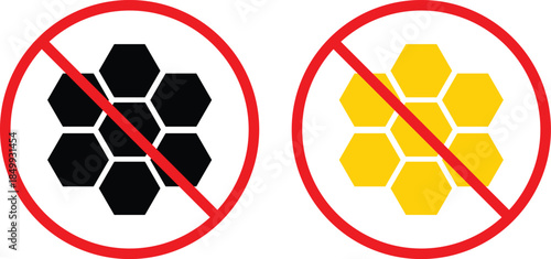no honey icon. Honey prohibition symbols. Food allergen graphic design. Sweetener restriction and safety signs
