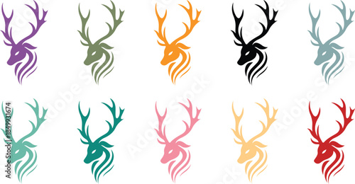 Stylized deer head icons in assorted colors, Colorful stag icon collection