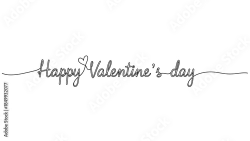 Happy Valentine’s Day lettering with heart in one line calligraphy style for romantic and festive design