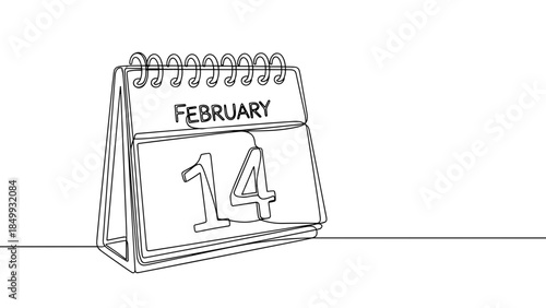 February 14 calendar in one line drawing style for Valentine’s Day greeting and romantic designs