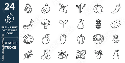fresh fruit and vegetable line icons set, editable stroke, healthy food outline, organic natural fruits symbols