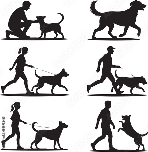 Dog Walking Silhouette Icon Set