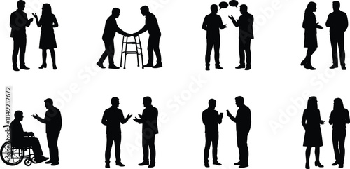 Business communication silhouettes set, people talking, discussion, teamwork, negotiation, support, conversation concepts, black human figures isolated