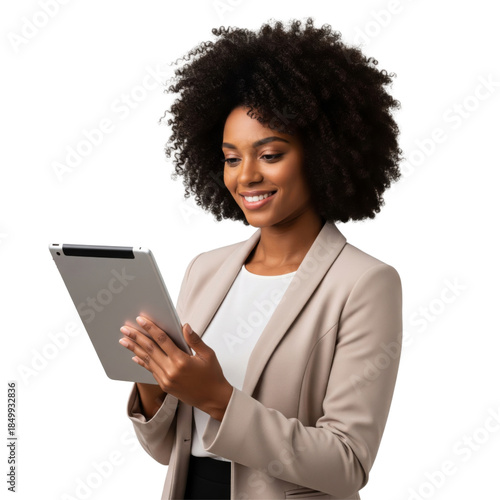 Black business woman holding tablet isolated on white