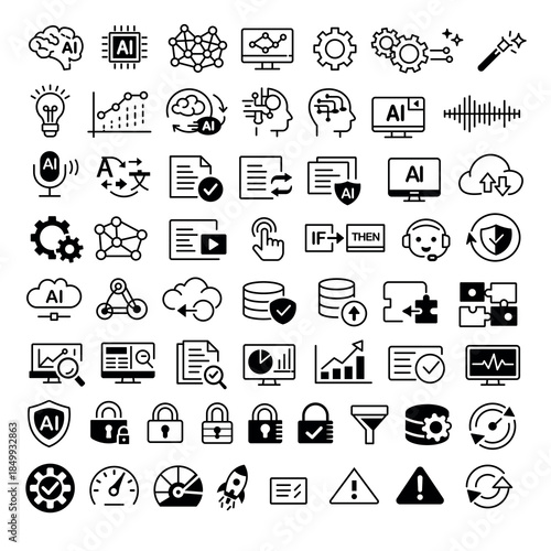 An illustration depicting a black icon set representing neural networks and artificial intelligence, and everything related to it, on a white background.