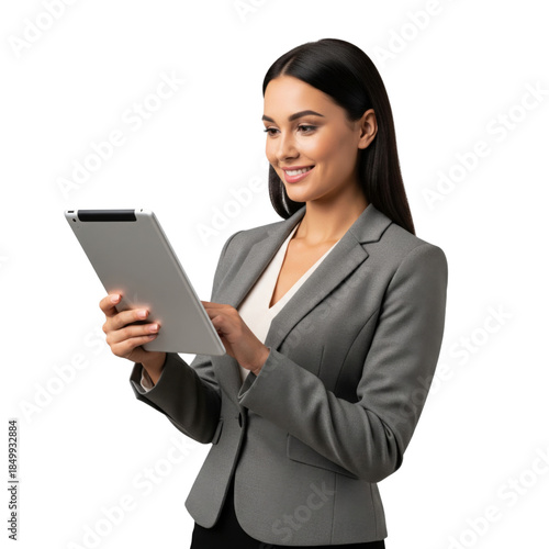Business woman holding tablet isolated on white