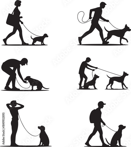 Dog Walking Silhouette Icon Set