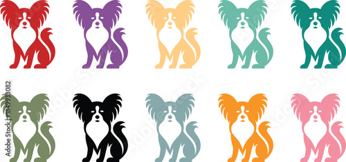 Papillon dog silhouettes in multiple colors, Colorful small dog silhouette set