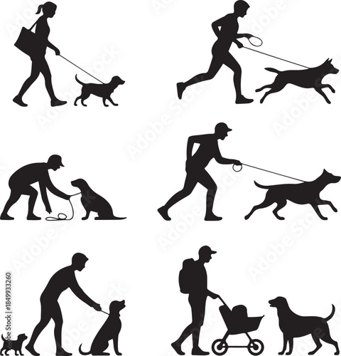Dog Walking Silhouette Icon Set