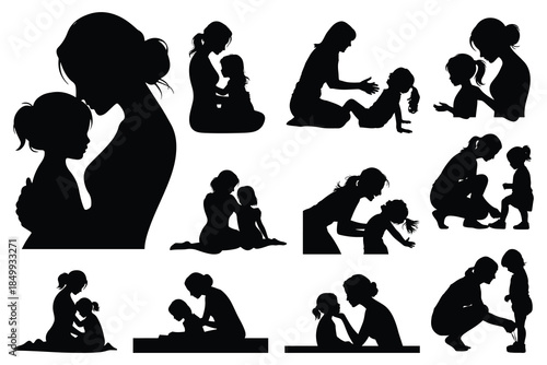 Silhouettes of mothers and children in various affectionate poses