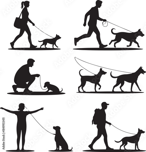 Dog Walking Silhouette Icon Set