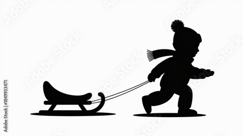 A child in winter clothing pulling a sled with ropes on a white background