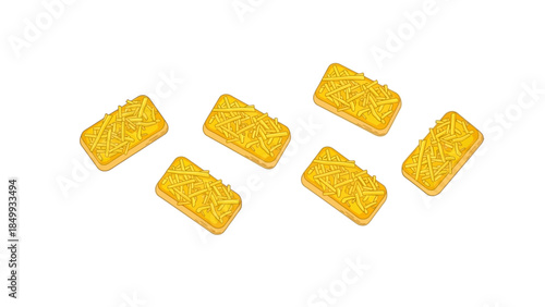 Delicious golden rectangular biscuits with a textured surface, presented in a scattered arrangement on a white background
