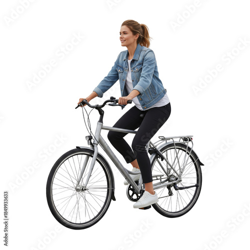 Young woman riding a bicycle isolated on white