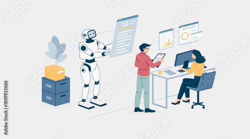 Humanoid AI Robot and Business Professionals Collaborating on Data Analytics and Digital Reporting