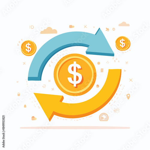 Abstract illustration of financial exchange concept with arrows and coins