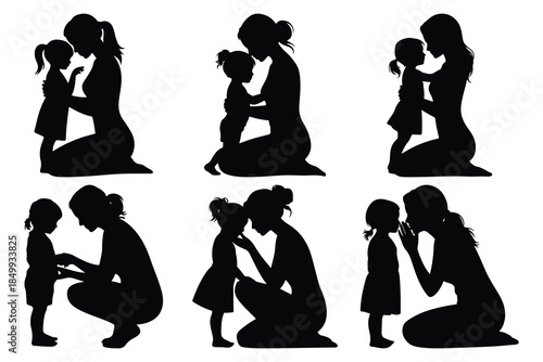 Silhouettes of Women and Children Embracing and Kneeling Together