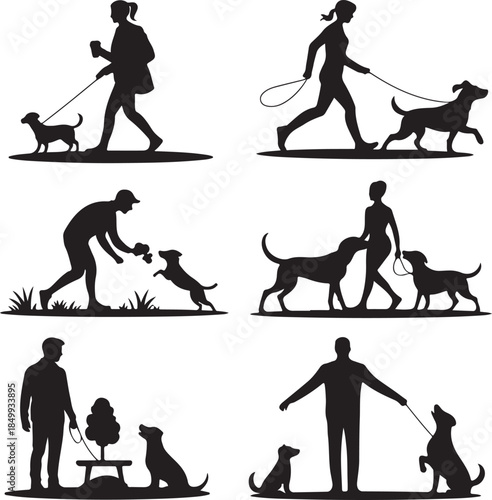 Dog Walking Silhouette Icon Set