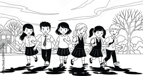 Happy school children walking together illustration, students friendship, education lifestyle, childhood joy, teamwork, diversity, outdoor learning, line art drawing