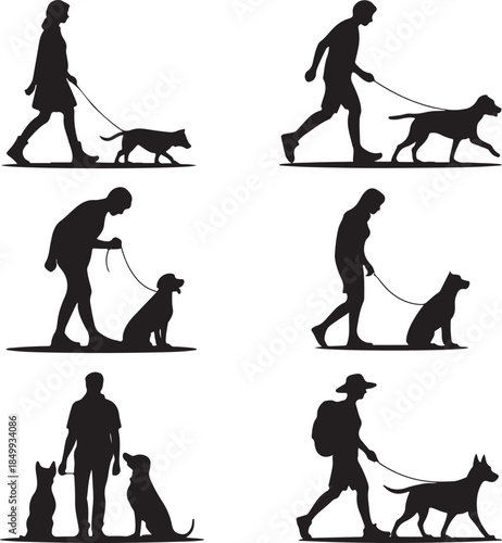 Dog Walking Silhouette Icon Set