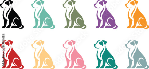 Dog breed silhouettes in a range of colors, Color spectrum canine icon set