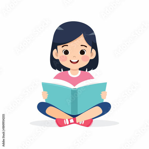 Young girl reading a book while sitting with legs crossed on white background