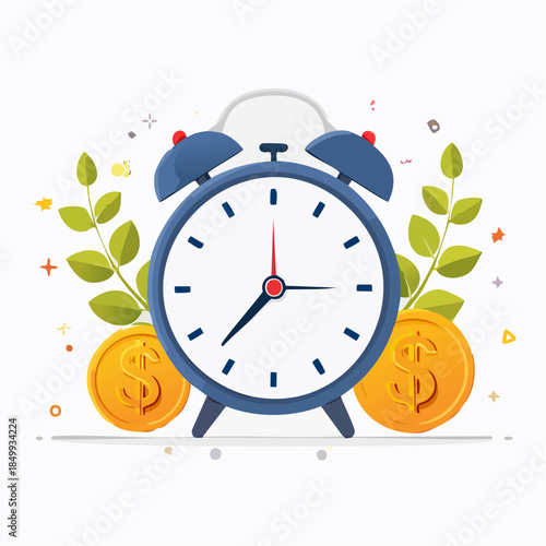Alarm clock with gold coins and leaves illustrating time management and finance