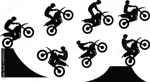 Motocross rider stunt sequence silhouette illustration, dirt bike jump action, extreme sports concept, motorcycle tricks, black white graphic design