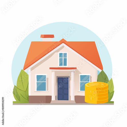 Cartoon house illustration with coins representing property and finances