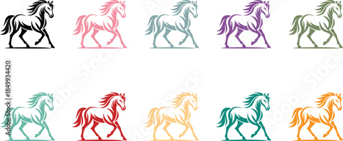 Dynamic horse silhouettes in multiple colors, Colorful equine motion icon set